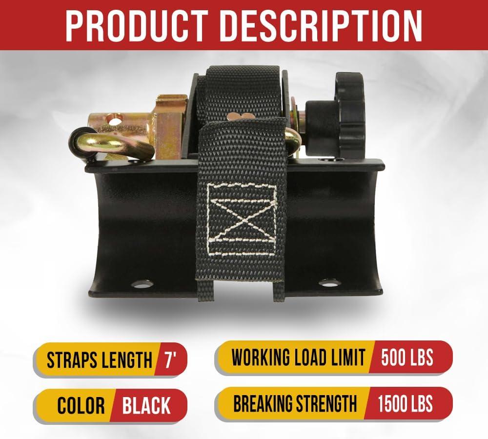 image2 Pack 112quot x 7 LadderRack Ratchet TieDown Straps Pair with Round Tube Mount ampamp Double J Hook  HeavyDuty ZincPlated ampamp Black PowderCoated for Truck Rack Load SecurementBlack