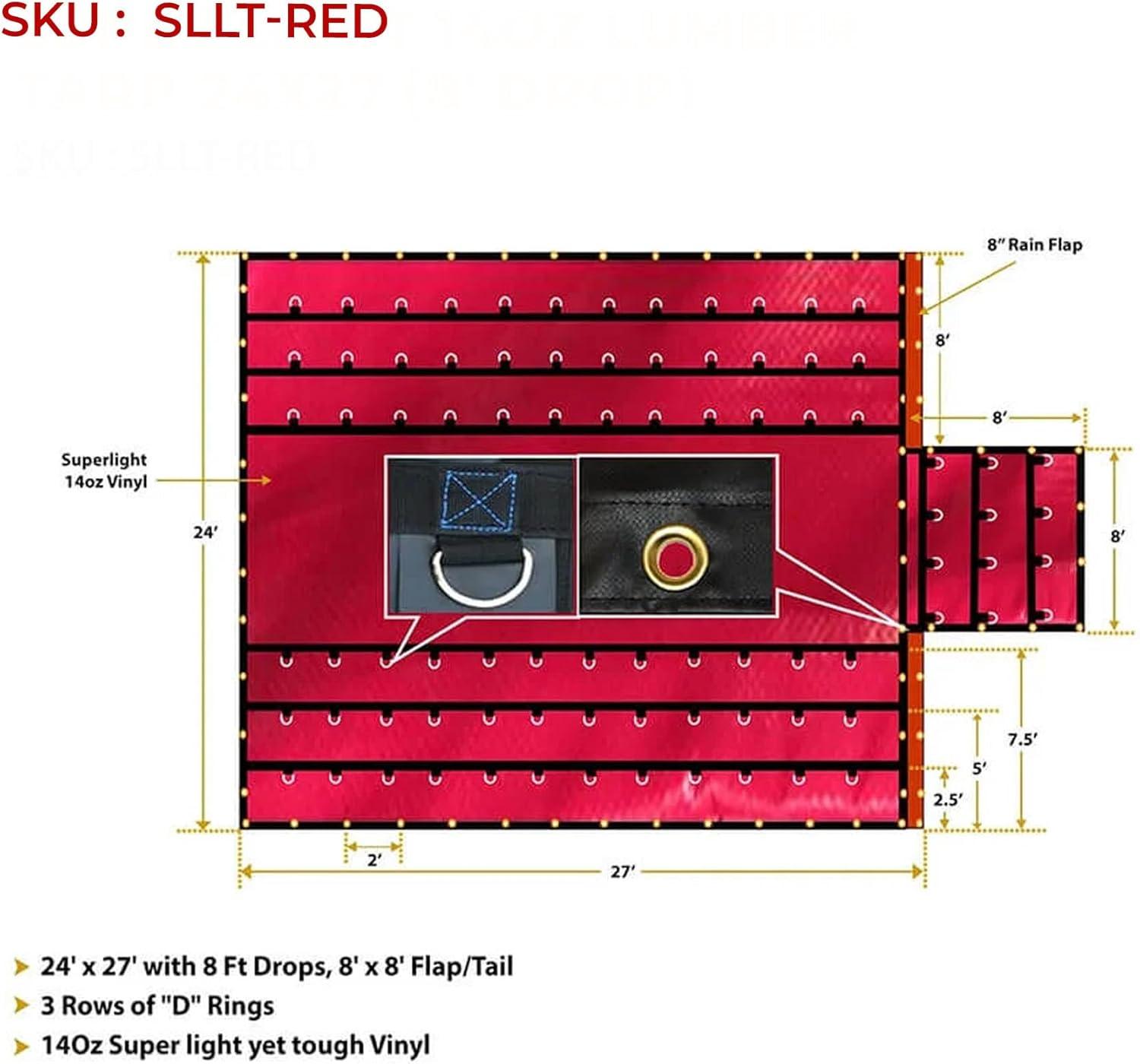 imageMytee Products 16 x 27 Flatbed Truck 14 Oz Superlight Steel Tarp with 4 FT Drop  Black Heavy Duty Vinyl Waterproof Tarp for Trailers to Protect Cargo from Wind Rain Snow and SunRed
