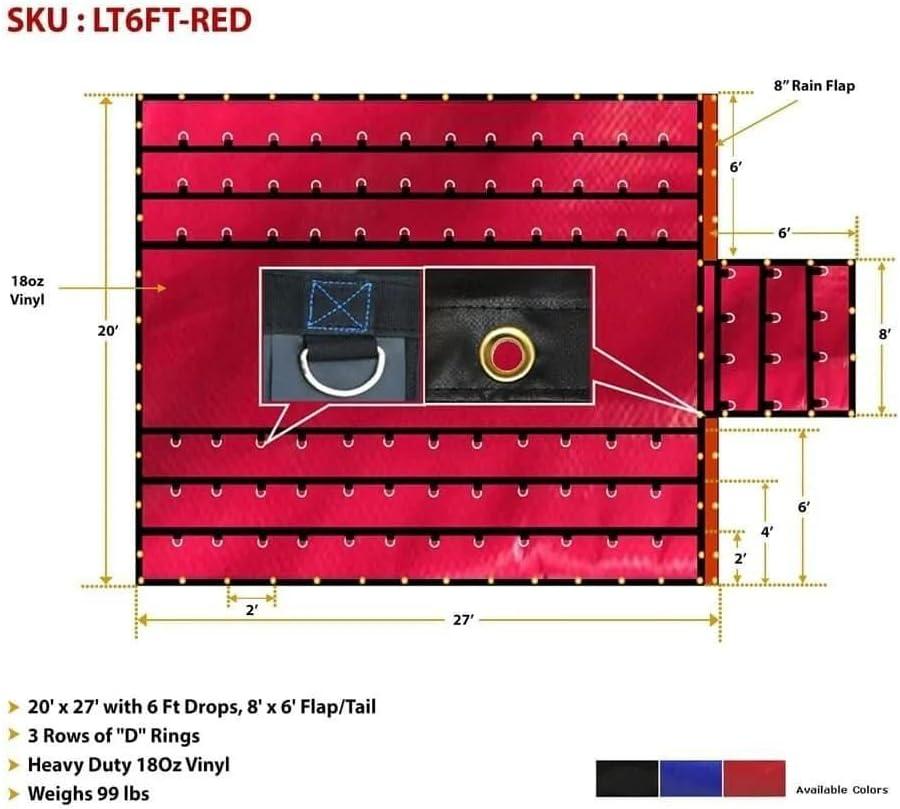 imageMytee Products 16 x 27 Flatbed Truck 18 Oz Steel Tarp with 4 FT Drop ampamp Flap  Black Heavy Duty Vinyl Waterproof Tarp for Trailers to Protect Cargo from Wind Rain Snow and SunRed