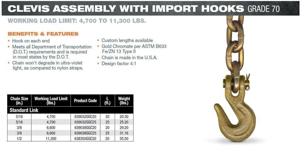 imageMytee Products 2 Pack 38quot x 16 Grade 70 Transport Binder Chain  Made in USA with G70 Grab Hooks  Tow Transport Binder Chain  6600 Lbs WLL38 x 20