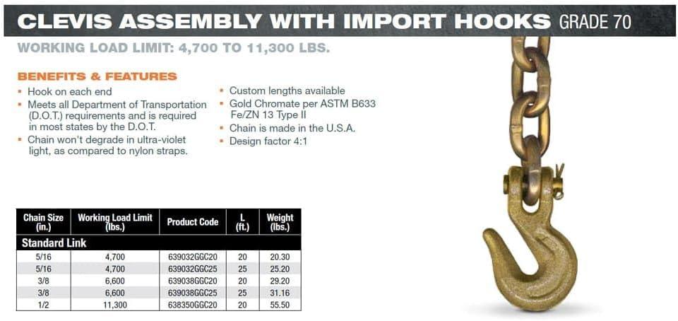 imageMytee Products 2 Pack 38quot x 16 Grade 70 Transport Binder Chain  Made in USA with G70 Grab Hooks  Tow Transport Binder Chain  6600 Lbs WLL516 x 25