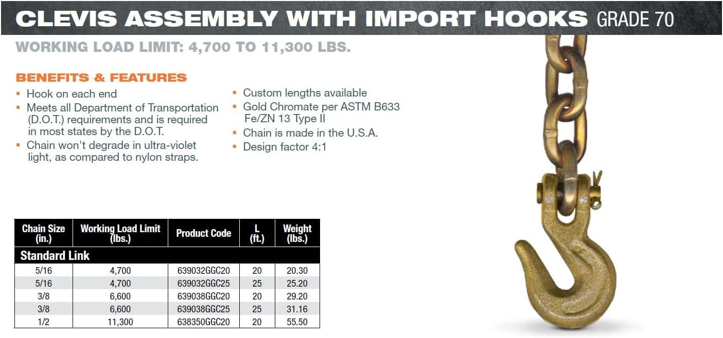 imageMytee Products 2 Pack 38quot x 16 Grade 70 Transport Binder Chain  Made in USA with G70 Grab Hooks  Tow Transport Binder Chain  6600 Lbs WLL516 x 25