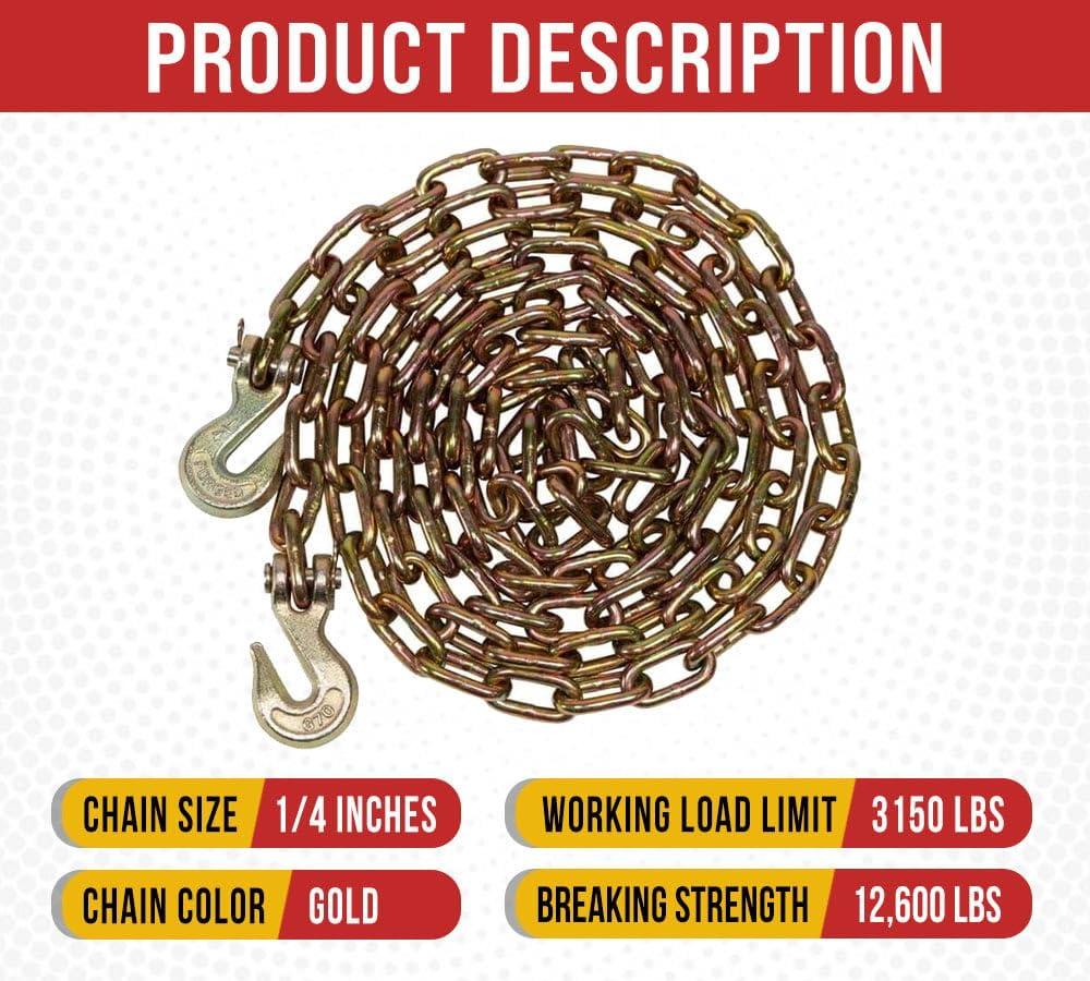 imageMytee Products 4 Pack 14quot x 20 Transport Binder Chain Grade 70 with Grab Hook  3150 LBS WLL Transport Binder Tow Chain with Hooks  Towing Equipment  Gold Chromate4  Pack