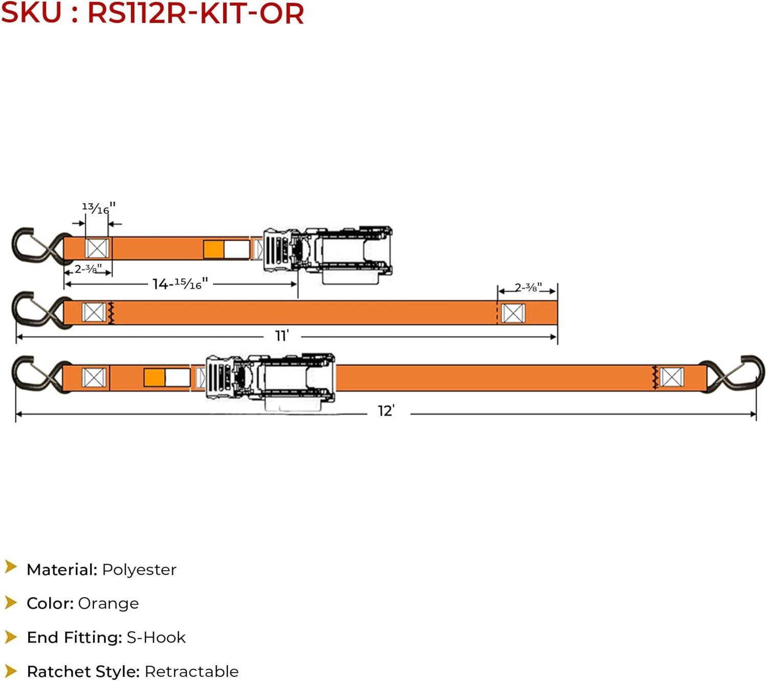 imageMytee Products 4 Pack Orange Auto Retract NORATCHETING Ratchet Straps  1quot x 12 Retractable Ratchet Straps with Zinc Coated S Hook Tiedowns for Motorcycles ATVs Bikes Trailer TieDownOrange