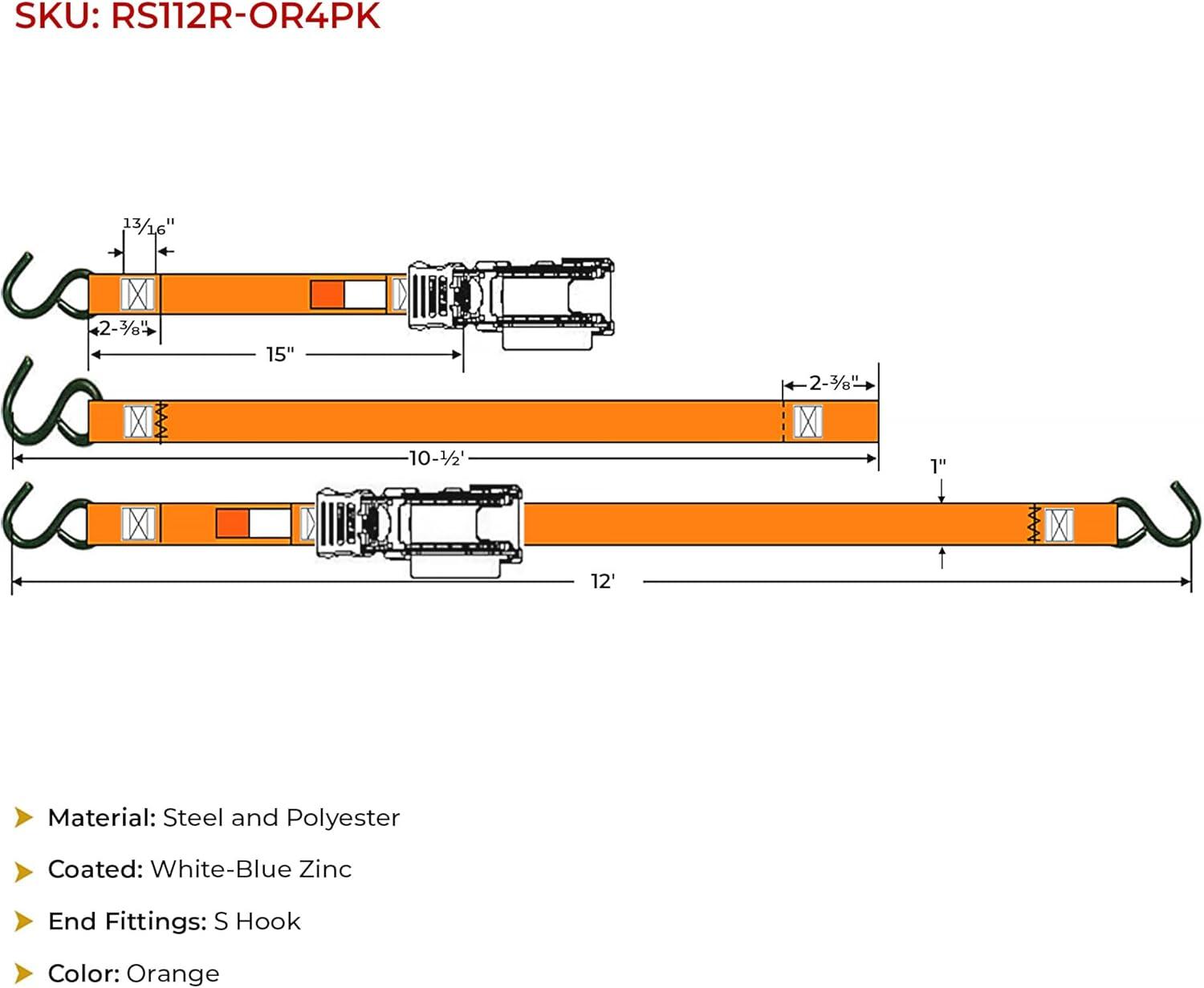 imageMytee Products 4 Pack Orange Auto Retract NORATCHETING Ratchet Straps  1quot x 12 Retractable Ratchet Straps with Zinc Coated S Hook Tiedowns for Motorcycles ATVs Bikes Trailer TieDownOrange