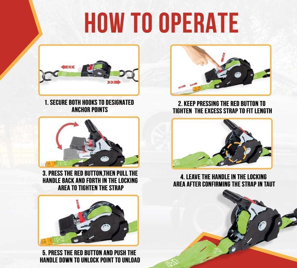 imageMytee Products 4 Pack Orange Auto Retract NORATCHETING Ratchet Straps  1quot x 12 Retractable Ratchet Straps with Zinc Coated S Hook Tiedowns for Motorcycles ATVs Bikes Trailer TieDownGreen