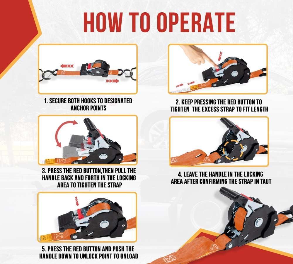 imageMytee Products 4 Pack Orange Auto Retract NORATCHETING Ratchet Straps  1quot x 12 Retractable Ratchet Straps with Zinc Coated S Hook Tiedowns for Motorcycles ATVs Bikes Trailer TieDownOrange