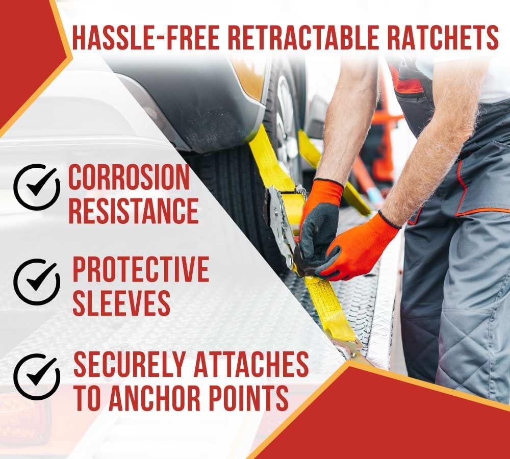 imageMytee Products 4 Pack Orange Auto Retract NORATCHETING Ratchet Straps  1quot x 12 Retractable Ratchet Straps with Zinc Coated S Hook Tiedowns for Motorcycles ATVs Bikes Trailer TieDownYellow