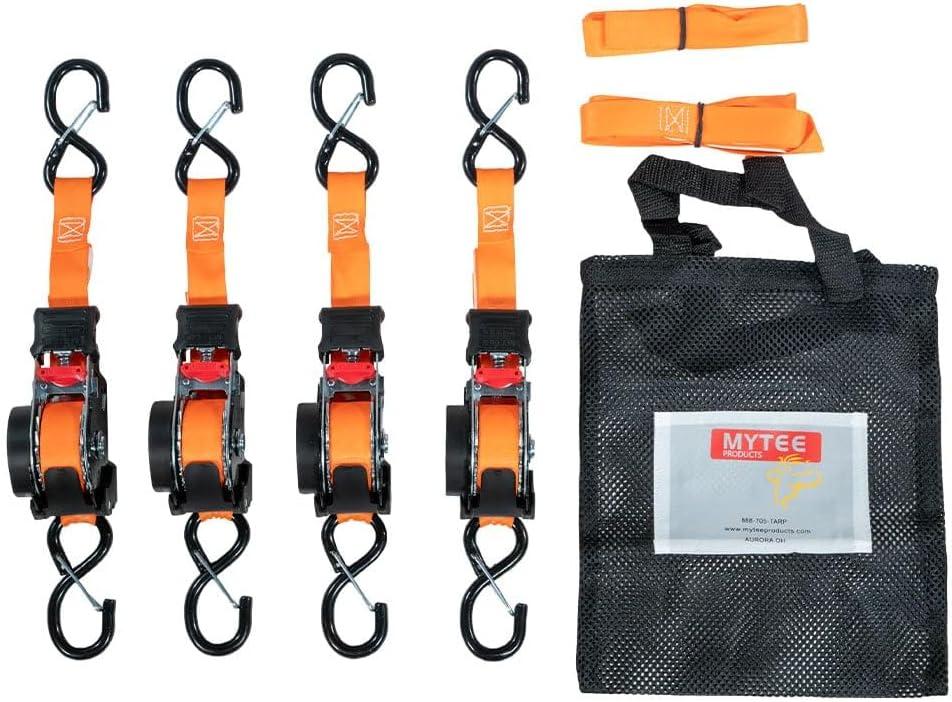 imageMytee Products 4 Pack Orange Auto Retract NORATCHETING Ratchet Straps  1quot x 12 Retractable Ratchet Straps with Zinc Coated S Hook Tiedowns for Motorcycles ATVs Bikes Trailer TieDownOrange