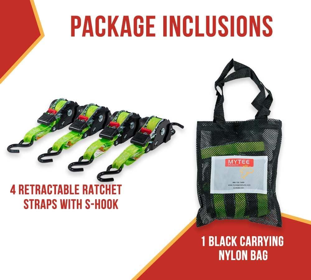 imageMytee Products 4 Pack Orange Auto Retract NORATCHETING Ratchet Straps  1quot x 12 Retractable Ratchet Straps with Zinc Coated S Hook Tiedowns for Motorcycles ATVs Bikes Trailer TieDownGreen