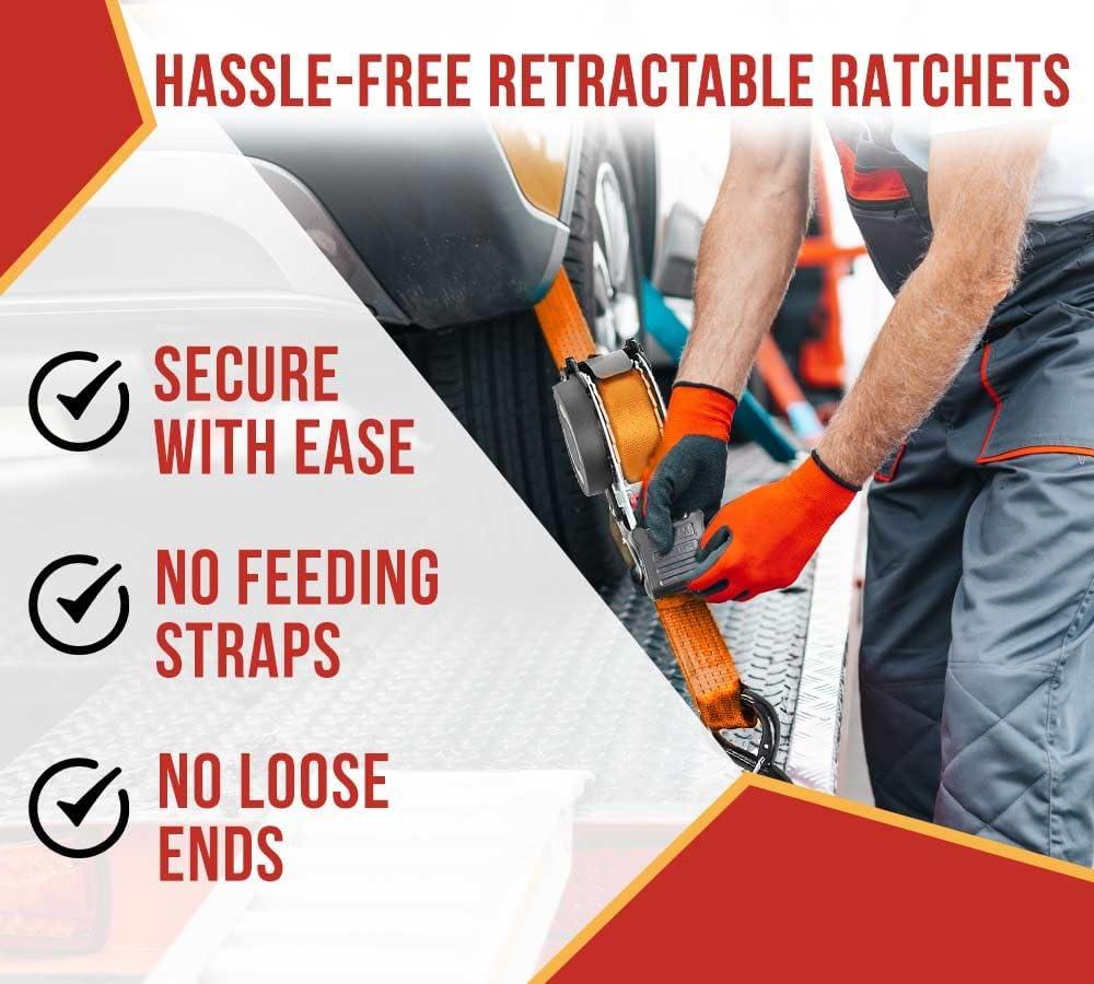 imageMytee Products 4 Pack Orange Auto Retract NORATCHETING Ratchet Straps  1quot x 12 Retractable Ratchet Straps with Zinc Coated S Hook Tiedowns for Motorcycles ATVs Bikes Trailer TieDownOrange