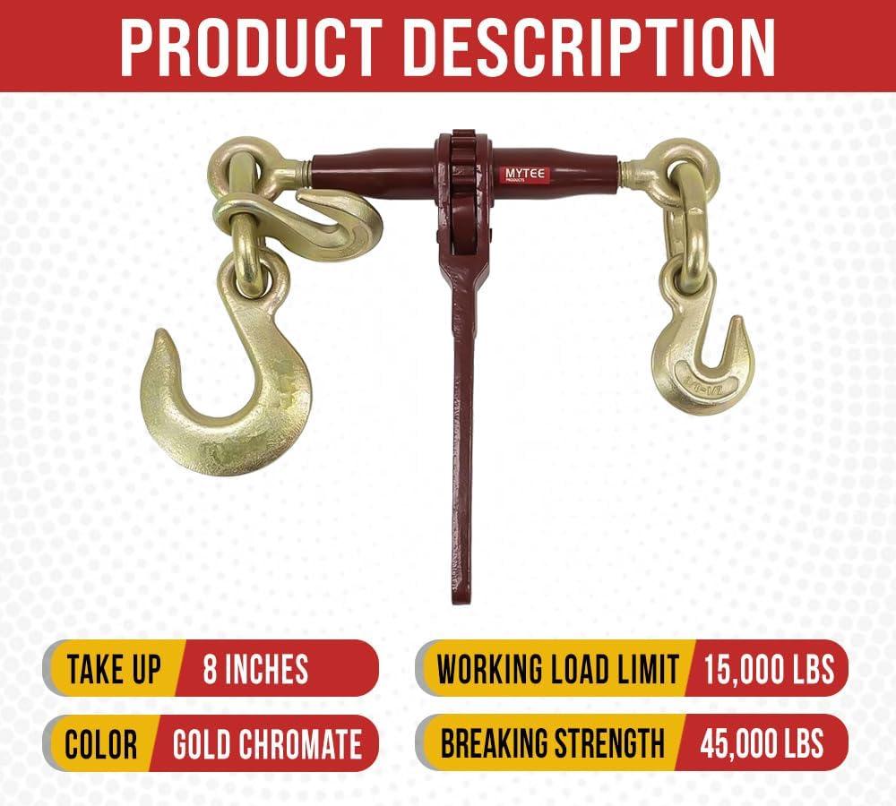 imageMytee Products Heavy Duty Specialty Pro Ratchet Load Chain Binder wGrab Hook ampamp Slip Hook  12quot Grab Hook ampamp 58quot Slip Hook  12quot Grab Hook 15000 Lbs WLL  Chain Binders for Flatbed Truck  4 Pack12 Grab Hook  58 Slip Hook  12 Grab Hook