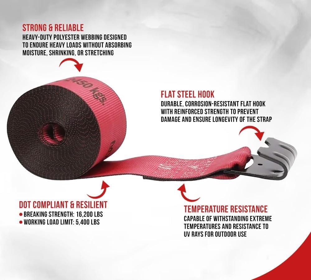 imageMytee Products Kinedyne Winch Straps 4quot x 30 Gold Heavy Duty Tie Down wFlat Hooks WLL 5400 lbs  4 Inch Cargo Control for Flatbed Truck Utility Trailer 10 PackRed