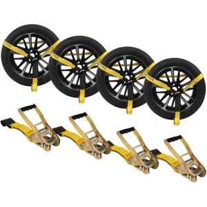 imageMytee Products Car Trailer Tie Down Kit  4 Pack 2quot x 120quot Lasso Ratchet Straps with Flat Hook 20 Pack 4quot Yellow Flatbed Edge Protector with Carrying Bag2 x 10 Yellow