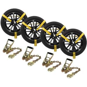 imageMytee Products 4 Pack 2quot x8 Car Tie Down Straps for Trailer with Chain Anchor  3333 Lbs WLL High Viz Green Lasso Style Tire Straps for Car Trailer with Ratchets  Wheel Strap for Hauling CarsYellow
