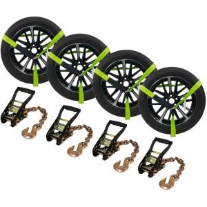 imageMytee Products 4 Pack 2quot x8 Car Tie Down Straps for Trailer with Chain Anchor  3333 Lbs WLL High Viz Green Lasso Style Tire Straps for Car Trailer with Ratchets  Wheel Strap for Hauling Cars4  Pack