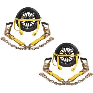 imageMytee Products 4 Pack 2quot x8 Car Tie Down Straps for Trailer with Chain Anchor  3333 Lbs WLL High Viz Green Lasso Style Tire Straps for Car Trailer with Ratchets  Wheel Strap for Hauling Cars2  Pack