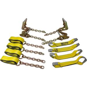 imageMytee Products 8 Point Roll Back Vehicle Tie Down Kit with Chain Extension on Both Ends Ratchet Handles  High Abrasion Orange WLL 3333 LB  Tow Truck Straps Car Hauler Tie Down Systemw Chain Ends 14 FT