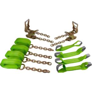 imageMytee Products 8 Point Roll Back Vehicle Tie Down Kit with Chain Extension on Both Ends Ratchet Handles  High Abrasion Orange WLL 3333 LB  Tow Truck Straps Car Hauler Tie Down Systemw Chain Ends Hi VIZ Green