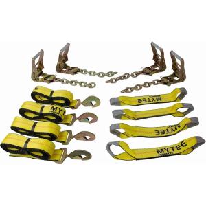 imageMytee Products 8 Point Roll Back Vehicle Tie Down Kit with Chain Extension on Both Ends Ratchet Handles  High Abrasion Orange WLL 3333 LB  Tow Truck Straps Car Hauler Tie Down Systemw Snap Hooks