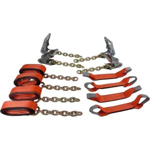 imageMytee Products 8 Point Roll Back Vehicle Tie Down Kit with Chain Extension on Both Ends Ratchet Handles  High Abrasion Orange WLL 3333 LB  Tow Truck Straps Car Hauler Tie Down Systemw Chain Ends High Abrasion Orange