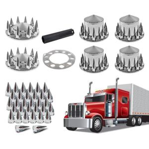 imageMytee Products Complete Wheel Chrome Axle Cover Set  33mm Threaded Lug Wheel Nut Covers for Semi Truck Frightliner Volvo  Removable Hub Caps Kit 2 Front ampamp 4 RearSpiked Hub Caps  2 Front  4 Rear