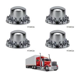 imageMytee Products Complete Wheel Chrome Axle Cover Set  33mm Threaded Lug Wheel Nut Covers for Semi Truck Frightliner Volvo  Removable Hub Caps Kit 2 Front ampamp 4 RearRear Hub Cover Set  4 Pack
