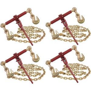 imageMytee Products 38 Grade 70 Chain and Binder Kit  Includes 4 38  12 Ratchet Load Binder Extreme amp 4 38 x 12 G70 Transport Chain wGrab Hooks  6600 lbs WLL for Truck Trailer Tie Down4  Pack