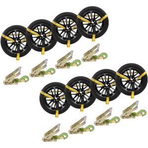 imageMytee Products 8 Pack 2x144 Car Tie Down Straps for Trailer with Snap Hook  12000 Lbs Breaking Strength Lasso Style Tire Straps for Car Trailer with Ratchets  Tie Down Wheel Strap for Hauling Car8  Pack