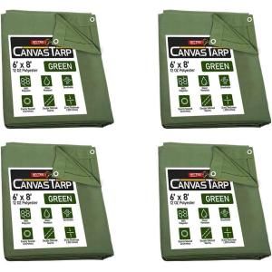 imageMytee Products 2 Pack 6 x 8 Green Canvas Tarp 12oz Heavy Duty Water ResistantGreen 4 Pcs