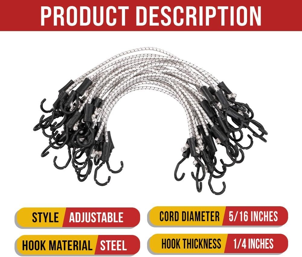 image:imageMytee Products 25 Pcs 36 Heavy Duty Adjustable Bungee Cords with Hook  Polypropylene PP Bungee Cords for Outdoor Camping Household  Extendable Upto 54 inches24 inch