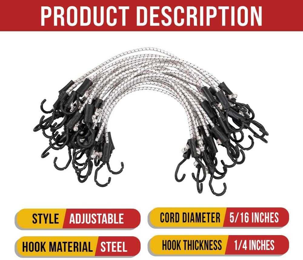 image:imageMytee Products 25 Pcs 36 Heavy Duty Adjustable Bungee Cords with Hook  Polypropylene PP Bungee Cords for Outdoor Camping Household  Extendable Upto 54 inches36 Inch